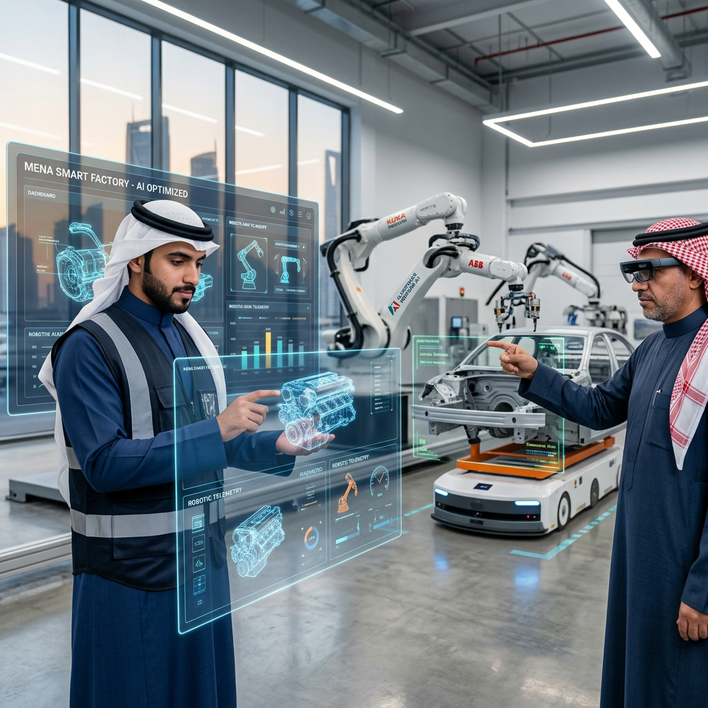 Two engineers examine holographic factory data near robotic vehicle assembly equipment